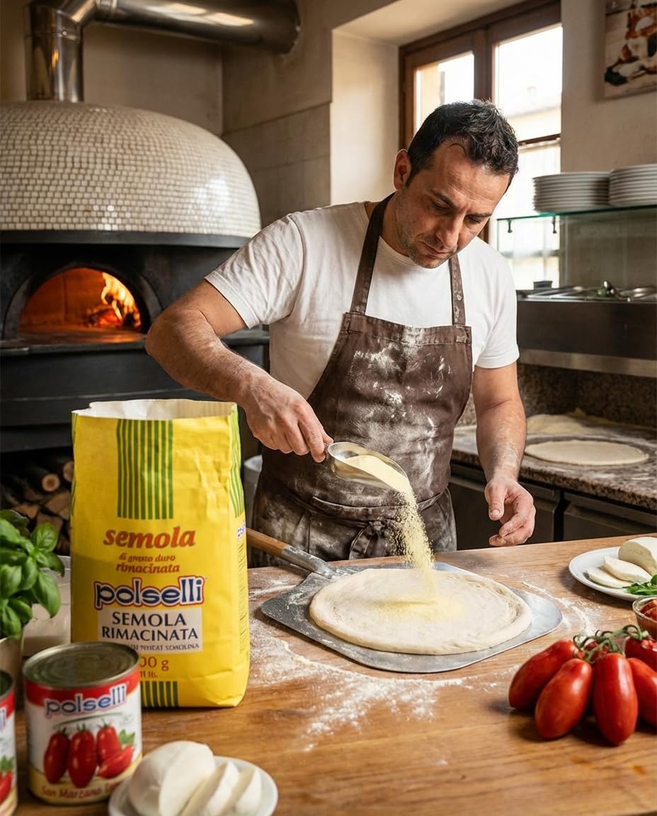 Polselli Semolina Flour close-up reveals a coarse grind ideal for authentic pasta.