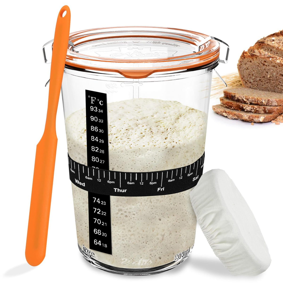 POLYHNIA 27oz wide mouth sourdough jar for easy feeding and stirring.