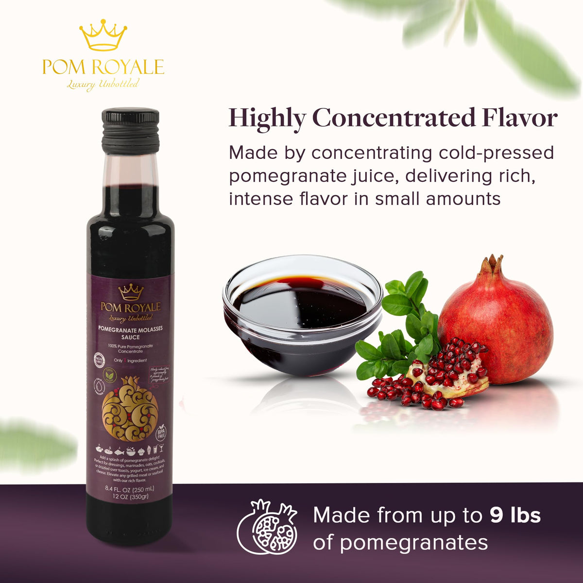 Pom Royale glass bottle 12oz highlights pure flavor and easy storage.