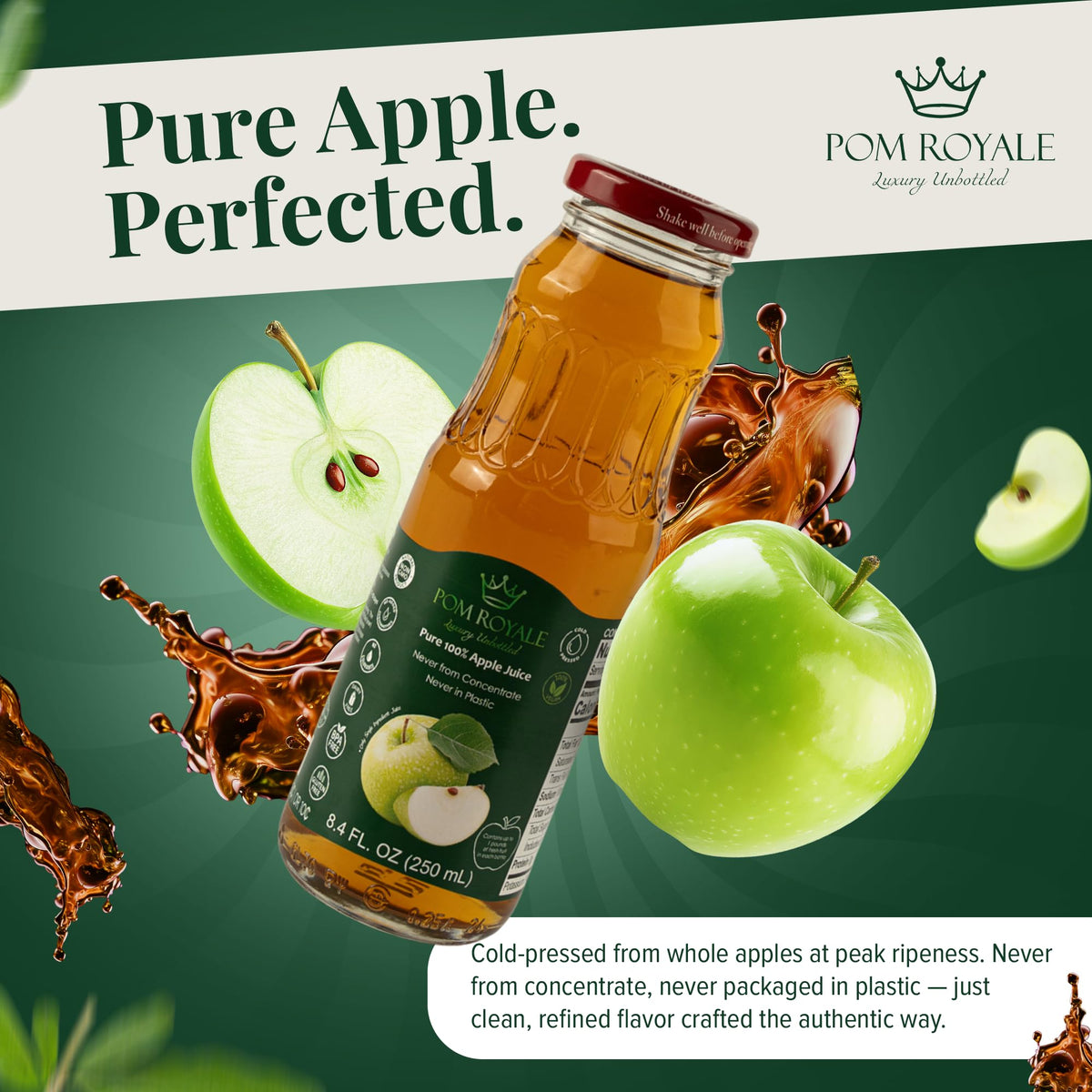 Pom Royale Apple Juice bottle closeup highlights clear, fresh juice