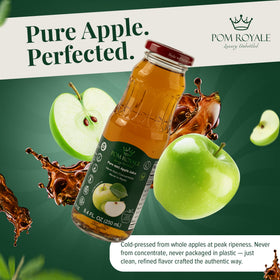 Pom Royale Apple Juice bottle closeup highlights clear, fresh juice