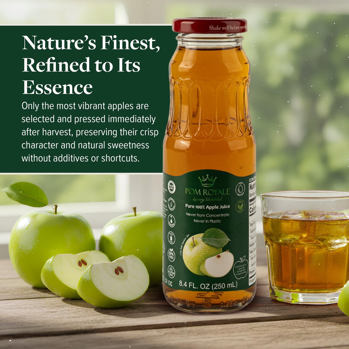 Pom Royale Apple Juice on pantry shelves emphasizing non-GMO and gluten-free notes