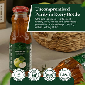 Pom Royale Apple Juice pouring into a glass capturing smooth pour and orchard freshness