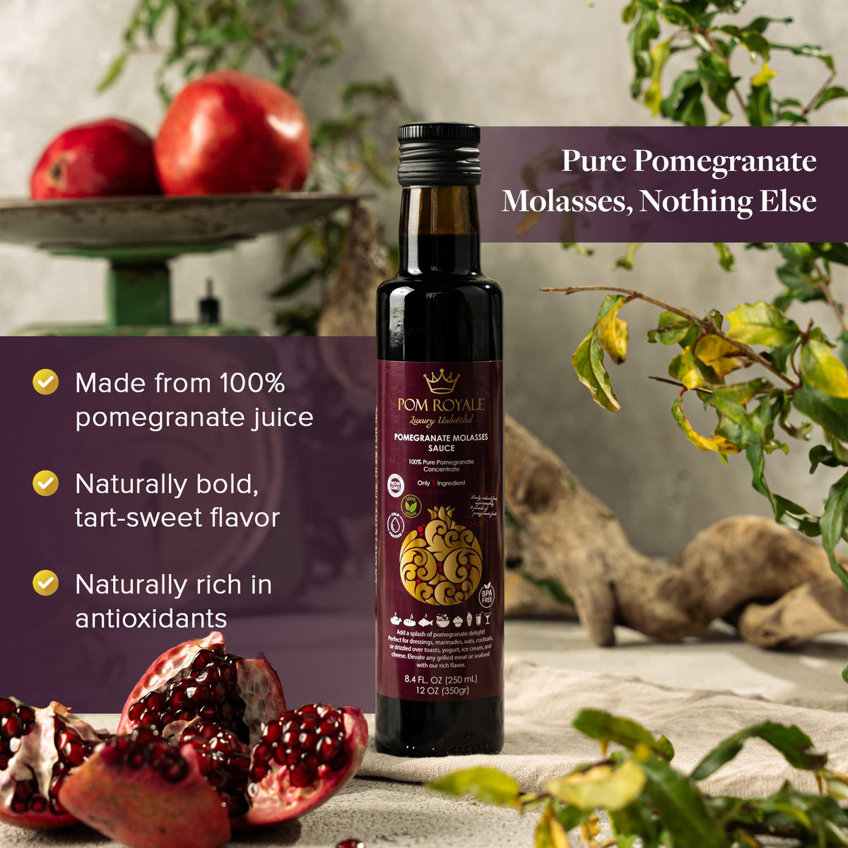 Pom Royale concentrated pomegranate syrup boosts dressings and marinades.