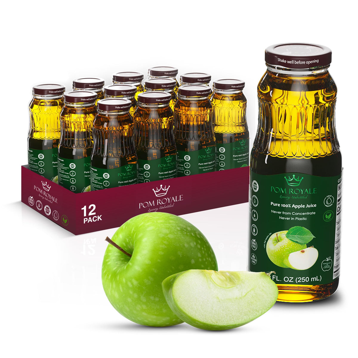 Pom Royale Pure Apple Juice 8.4oz bottle closeup shows crisp, refreshing juice in a handy pack