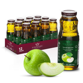 Pom Royale Pure Apple Juice 8.4oz bottle closeup shows crisp, refreshing juice in a handy pack