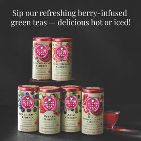 Pomegranate green tea decaf assembly showing a gluten-free, sugar-free option.