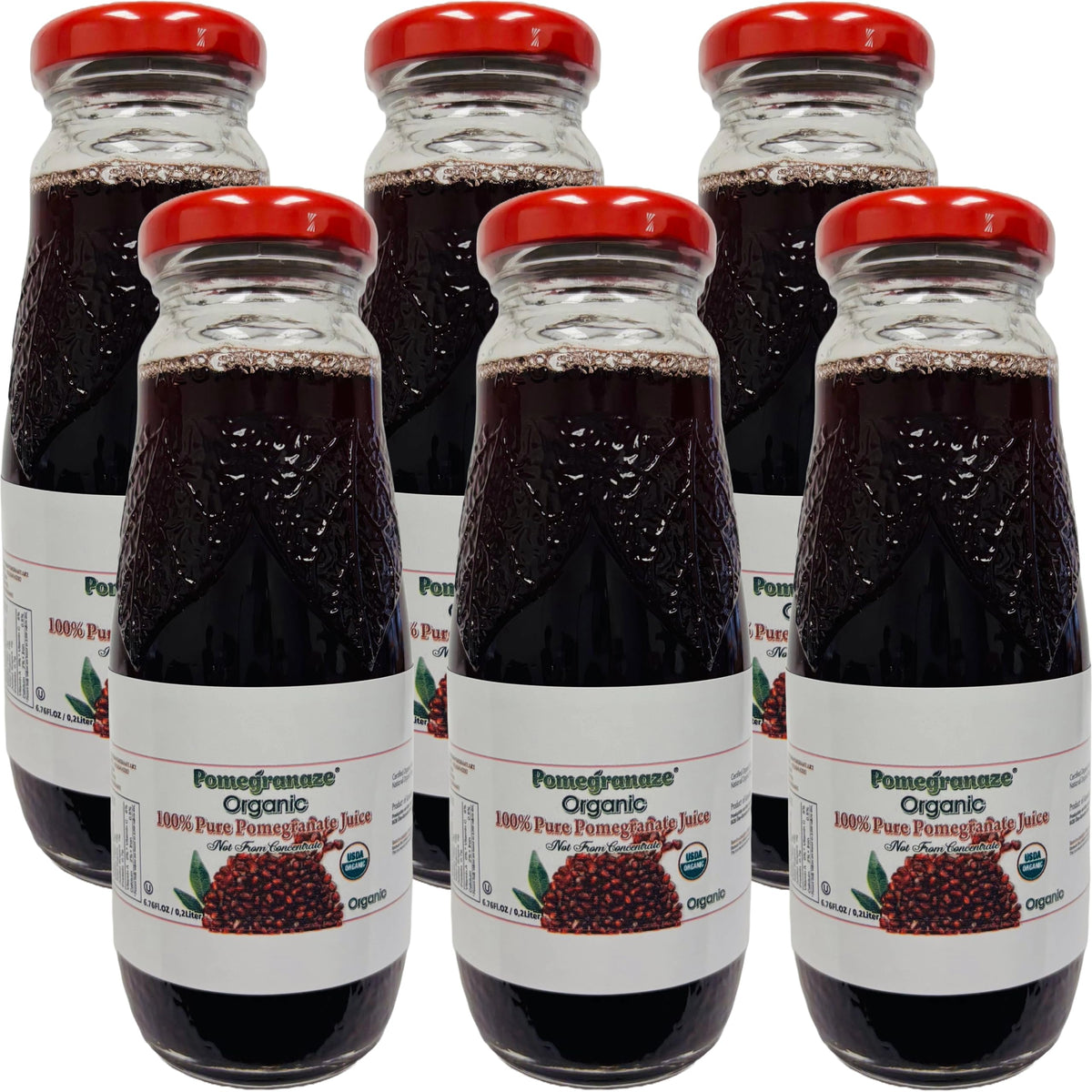 Pomegranaze 6-pack glass bottles with organic juice, no sugar added.