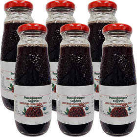 Pomegranaze 6-pack glass bottles with organic juice, no sugar added.