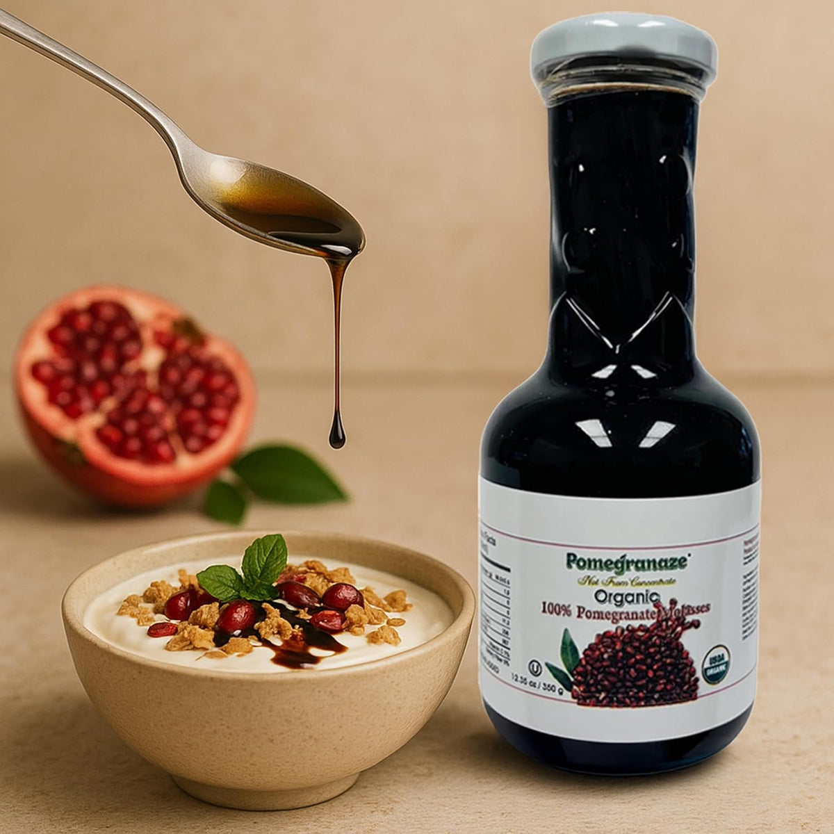 Pomegranaze bottle on kitchen counter, vegan and kosher friendly option.