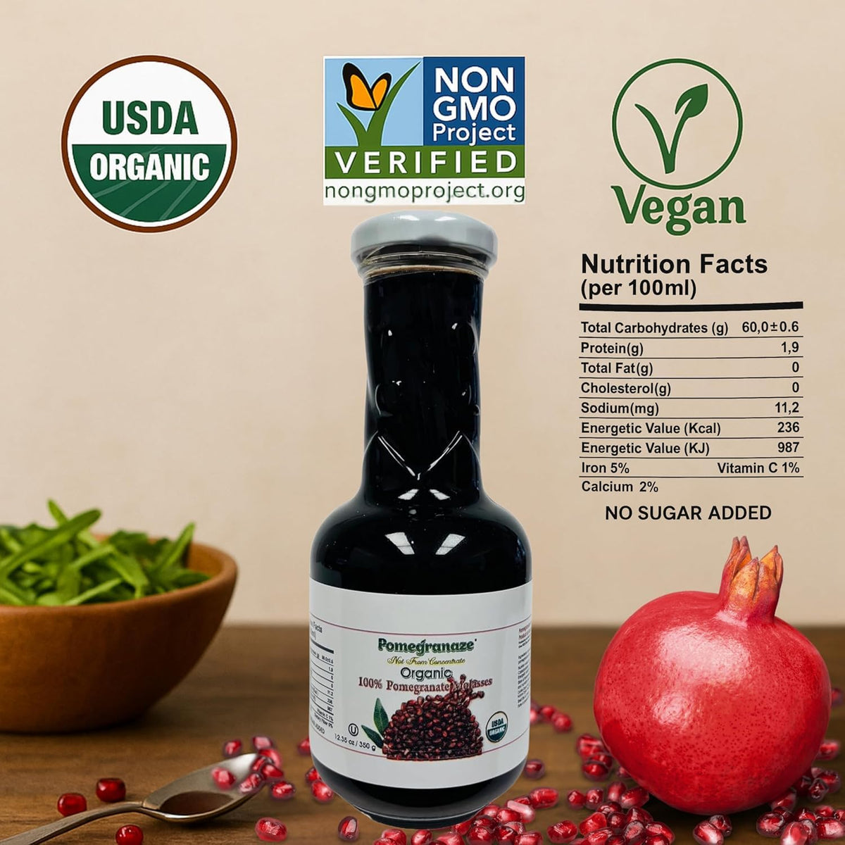 Pomegranaze glass bottle pours smoothly, ideal for sauces and marinades.