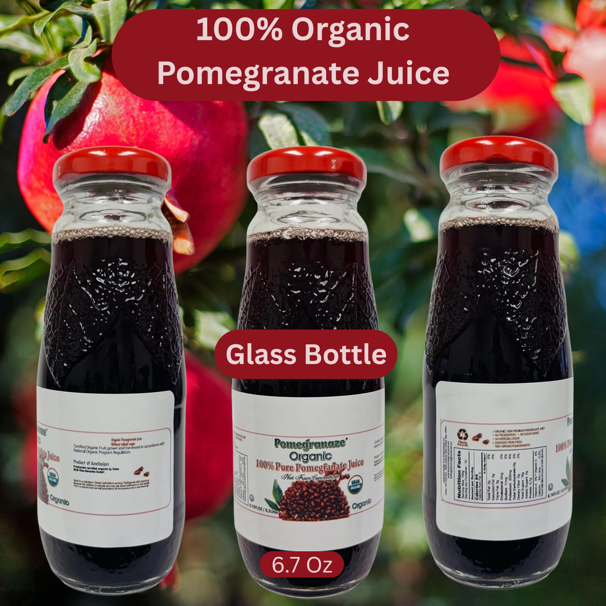 Pomegranaze no sugar added label indicates a pure fruit option.
