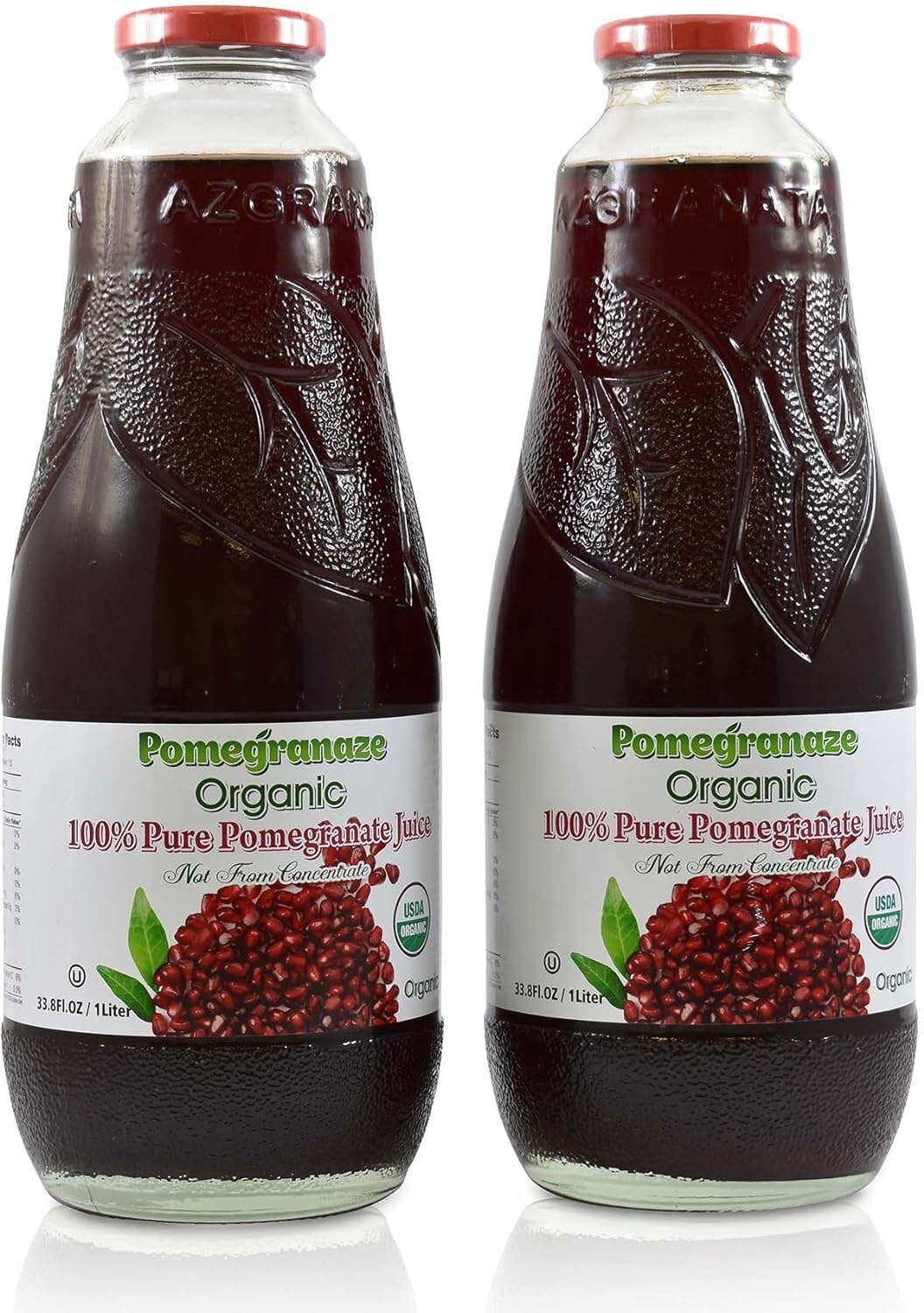 Pomegranaze organic pomegranate juice in 33.8 oz glass bottle highlights premium packaging for freshness.