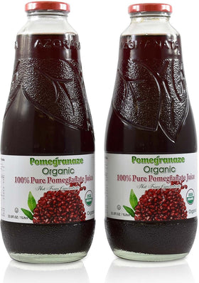Pomegranaze organic pomegranate juice in 33.8 oz glass bottle highlights premium packaging for freshness.