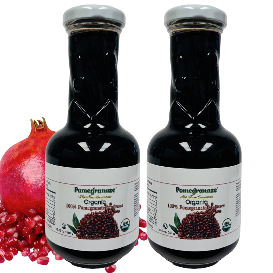 Pomegranaze pomegranate molasses bottle front view highlights organic no sugar base