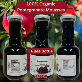 Pomegranaze pomegranate molasses bottle side view showcases glass packaging preserving purity