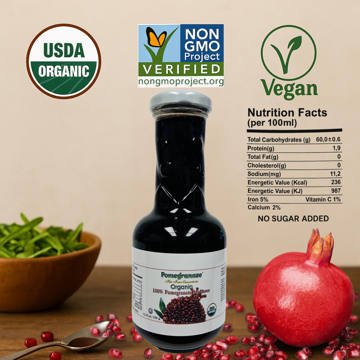 Pomegranaze jar on counter conveys 12.35 oz bottle size