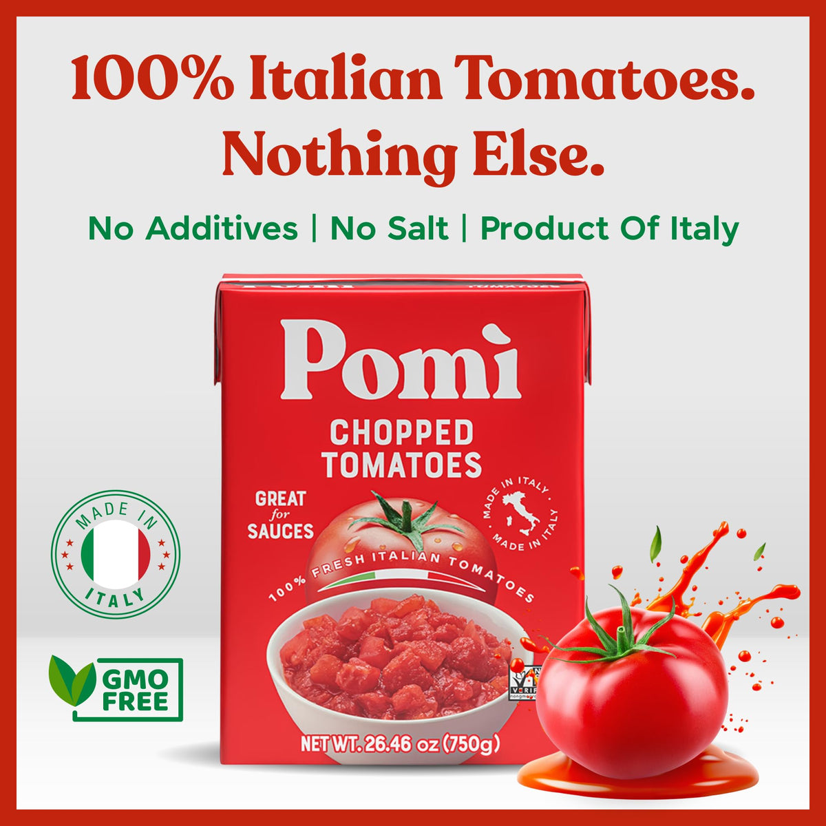 Pomì organic tomatoes carton packaging close-up highlighting BPA-free carton