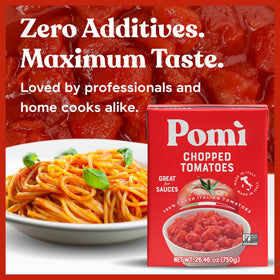 Pomì chopped tomatoes pouring over pasta sauce preparation