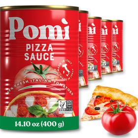 Pomì pizza sauce can close-up showing authentic Italian tomatoes for flavor