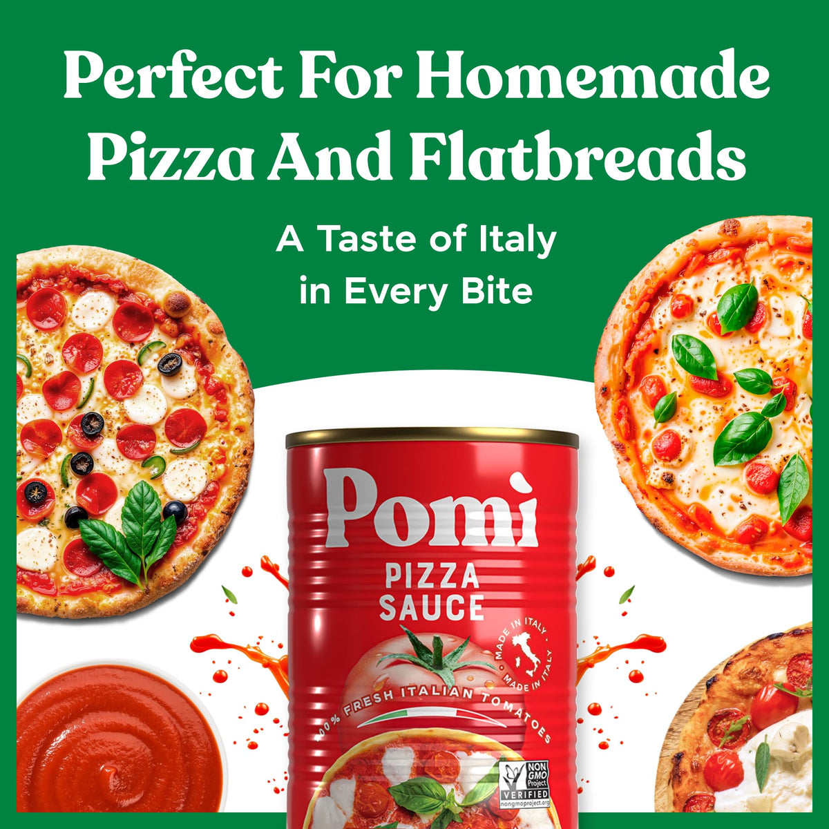 Fresh tomatoes beside Pomì pizza sauce illustrating natural ingredients