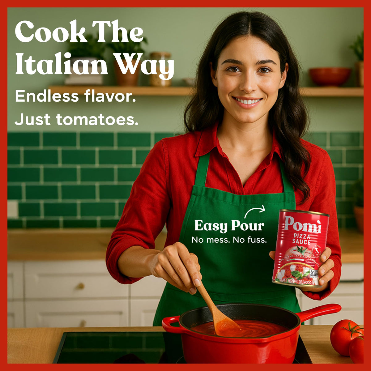 Italian kitchen scene with Pomì pizza sauce for quick meals