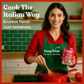 Italian kitchen scene with Pomì pizza sauce for quick meals