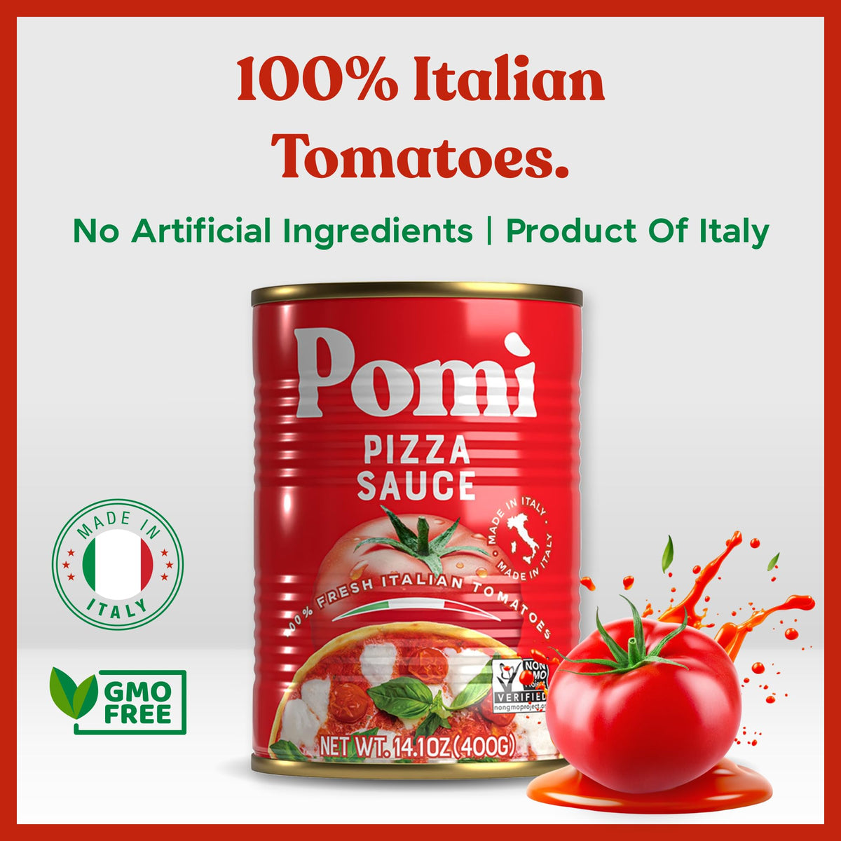 Pomì pizza sauce label close-up highlighting Non-GMO and gluten-free