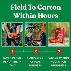Open can of Pomì pizza sauce signaling ready-to-use convenience