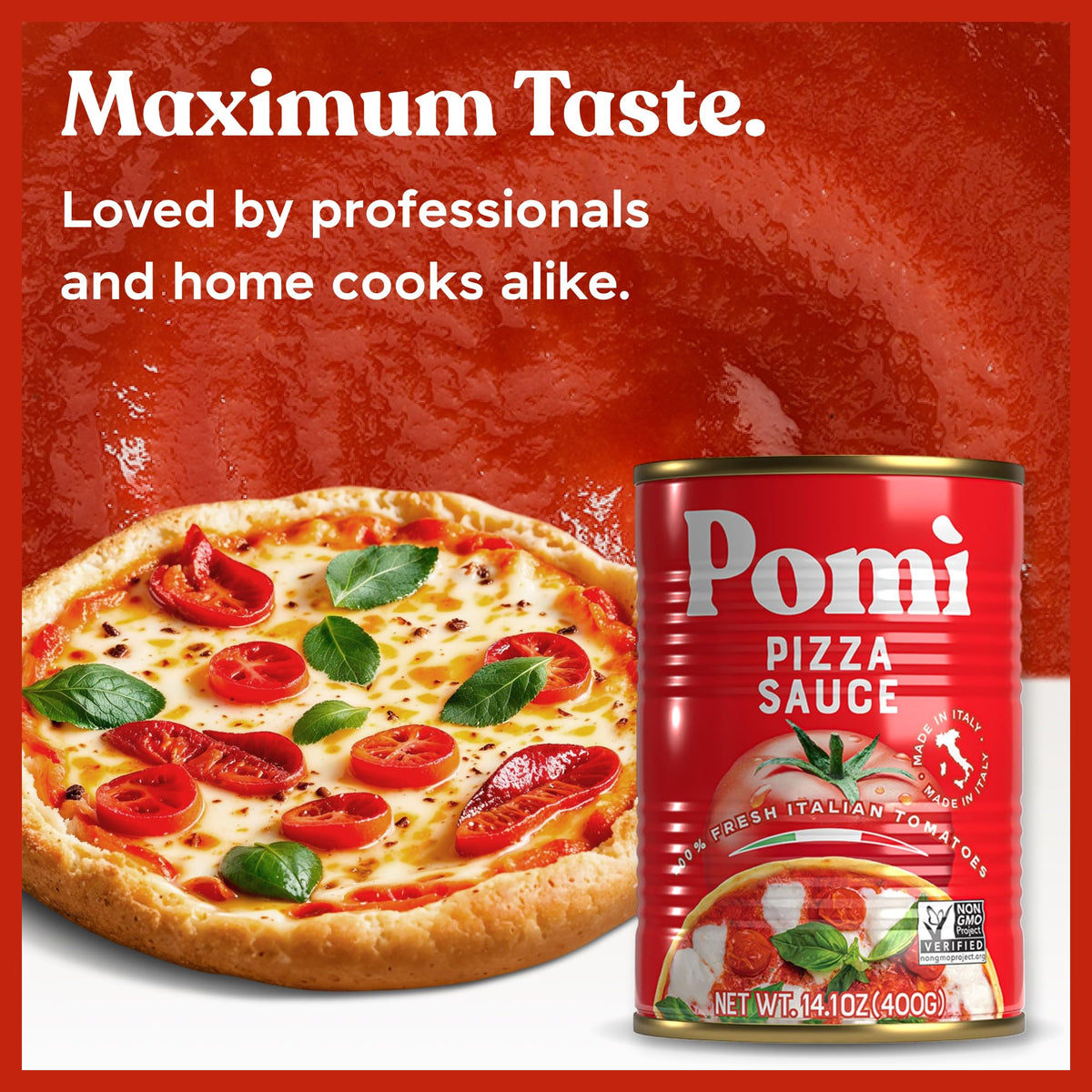 Pouring Pomì pizza sauce onto a pizza base for even spread