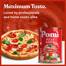 Pouring Pomì pizza sauce onto a pizza base for even spread