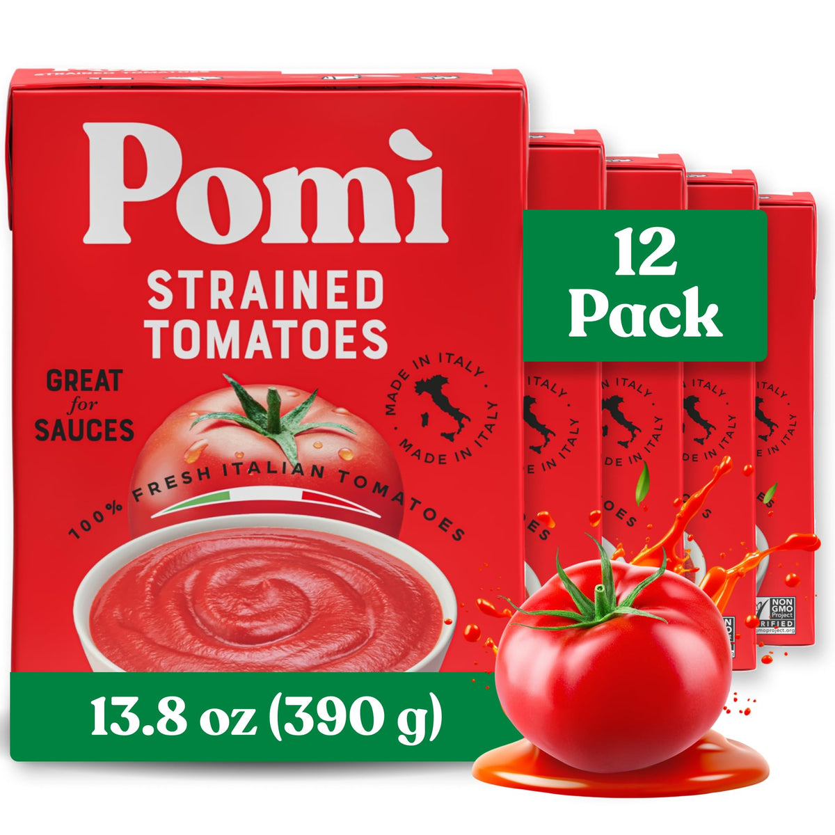 Pomi Strained Tomatoes carton close-up for clean, ready-to-use tomato puree.