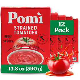 Pomi Strained Tomatoes carton close-up for clean, ready-to-use tomato puree.