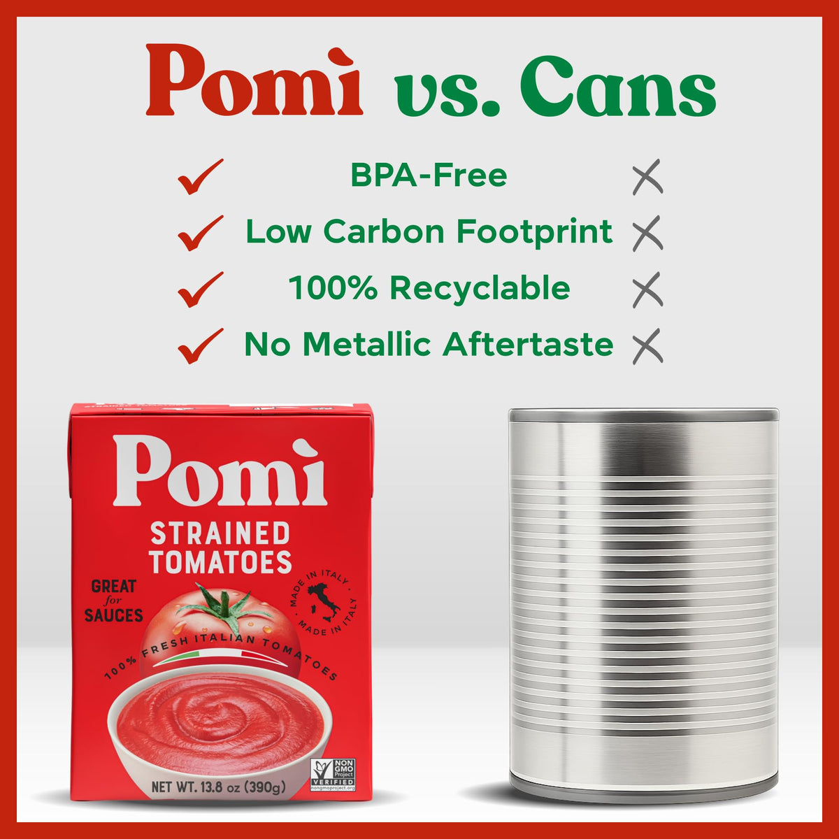 Pomi Strained Tomatoes gluten-free and non-GMO ingredients for dietary flexibility.