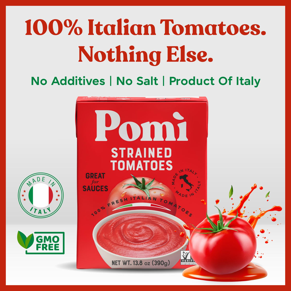 Pomi Strained Tomatoes label detail shows organic, non-GMO ingredients.