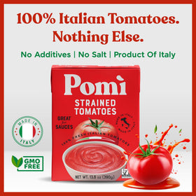 Pomi Strained Tomatoes label detail shows organic, non-GMO ingredients.