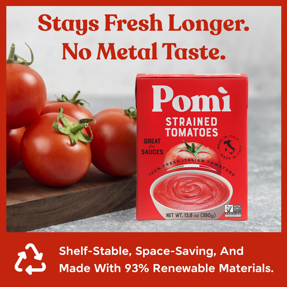 Pomi Strained Tomatoes organic certifications highlight trust and quality.