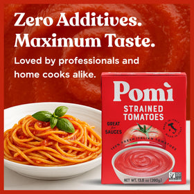 Pomi Strained Tomatoes sun-ripened tomatoes inside carton deliver vibrant flavor.