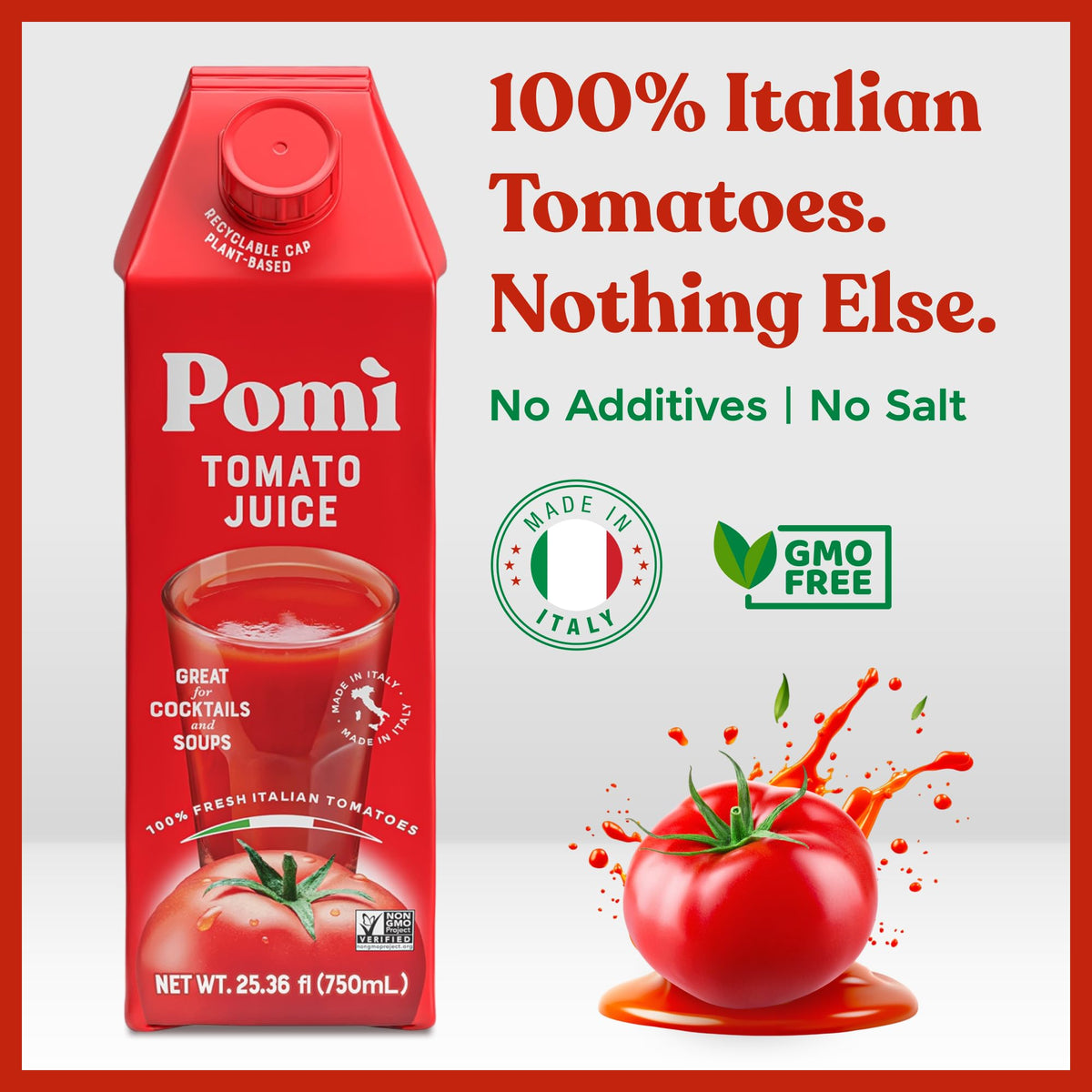 Pomì Tomato Juice bottles on shelf showcase gluten-free, everyday flavor