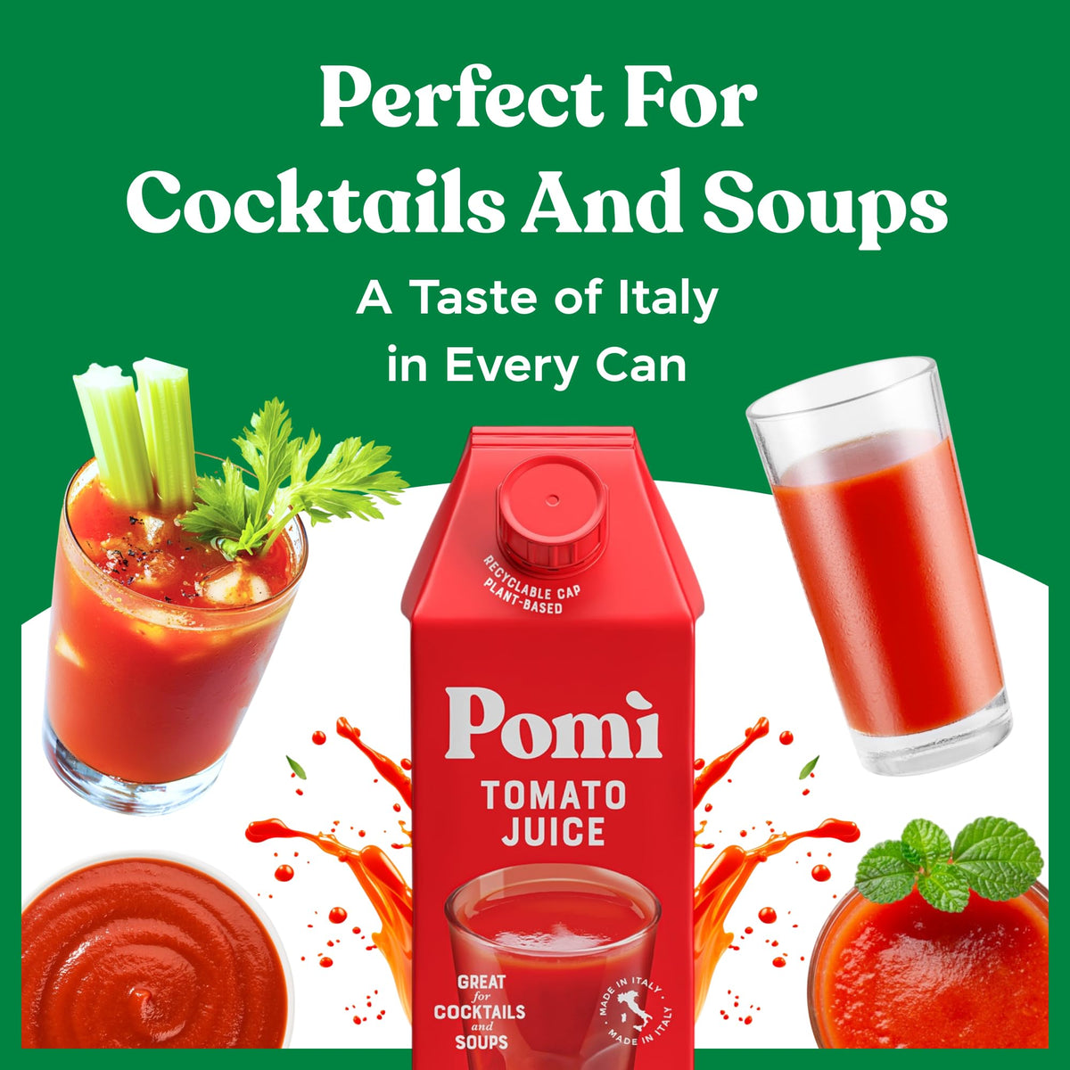 Cold pour of Pomì Tomato Juice ready for a veggie smoothie