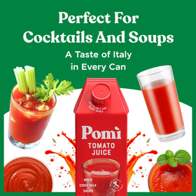 Cold pour of Pomì Tomato Juice ready for a veggie smoothie