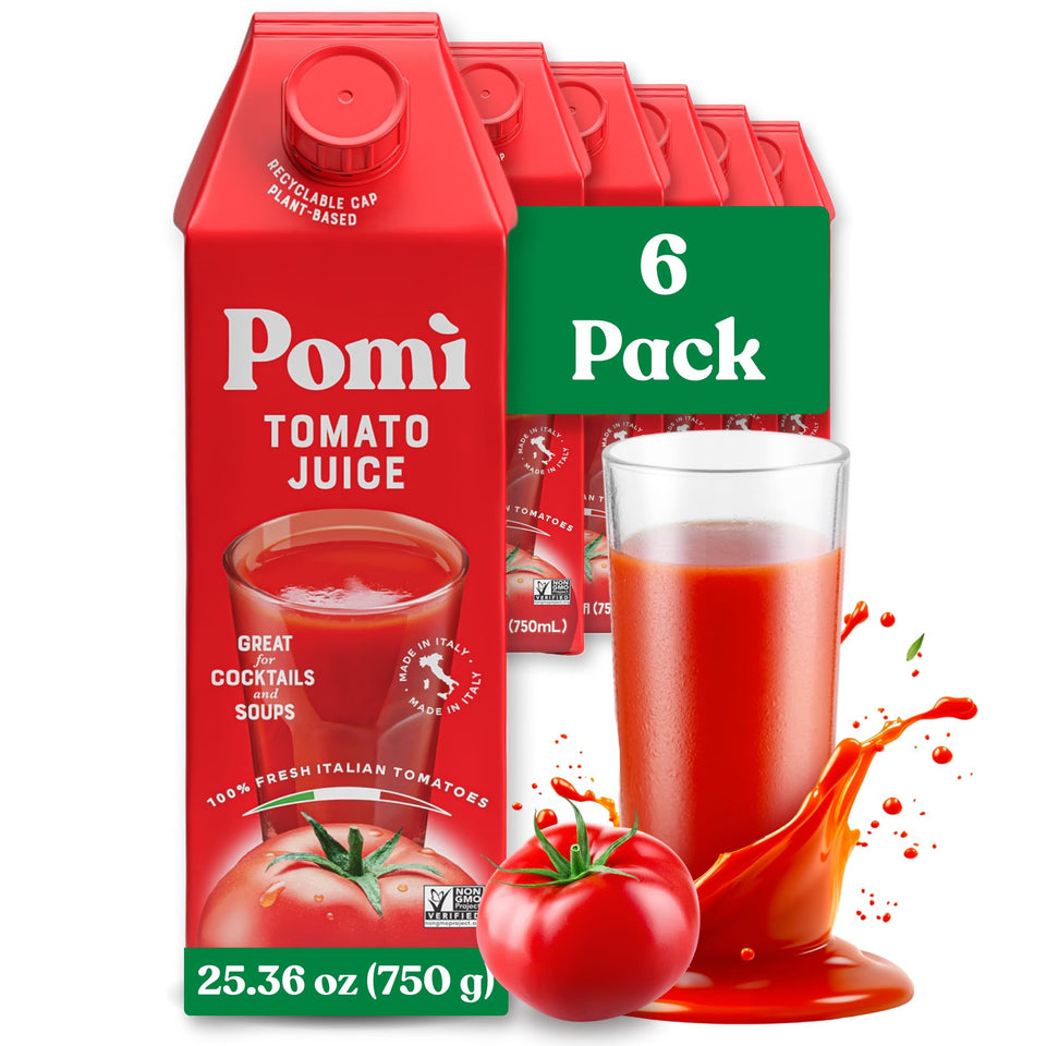 Pomì Tomato Juice six-pack bottles on display, a convenient low-sodium option