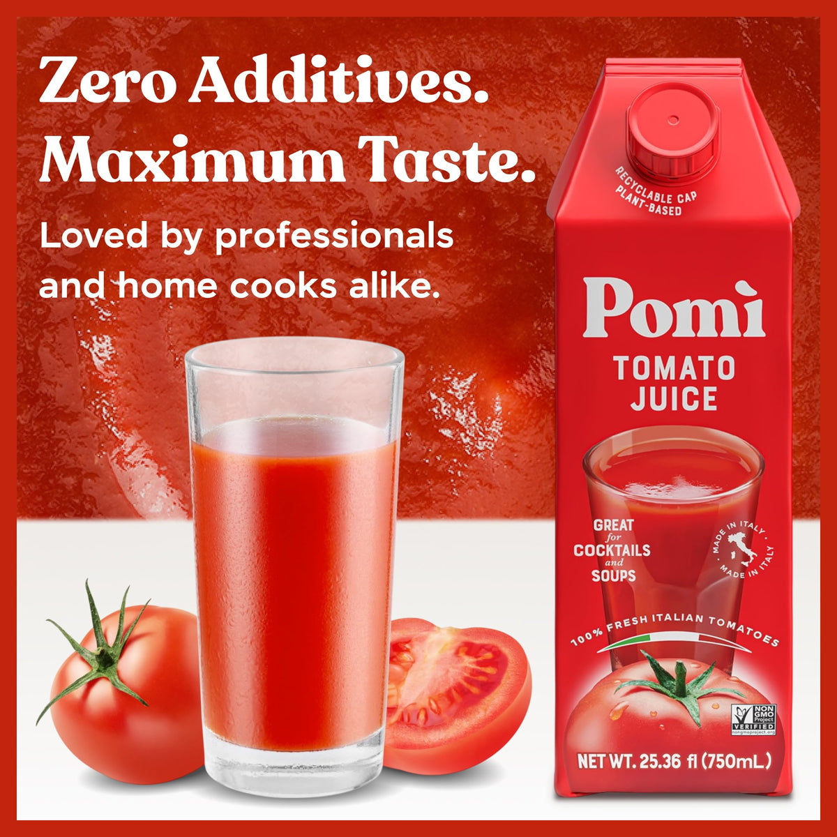 Pouring Pomì Tomato Juice reveals rich color from Italian tomatoes