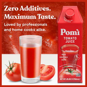 Pouring Pomì Tomato Juice reveals rich color from Italian tomatoes