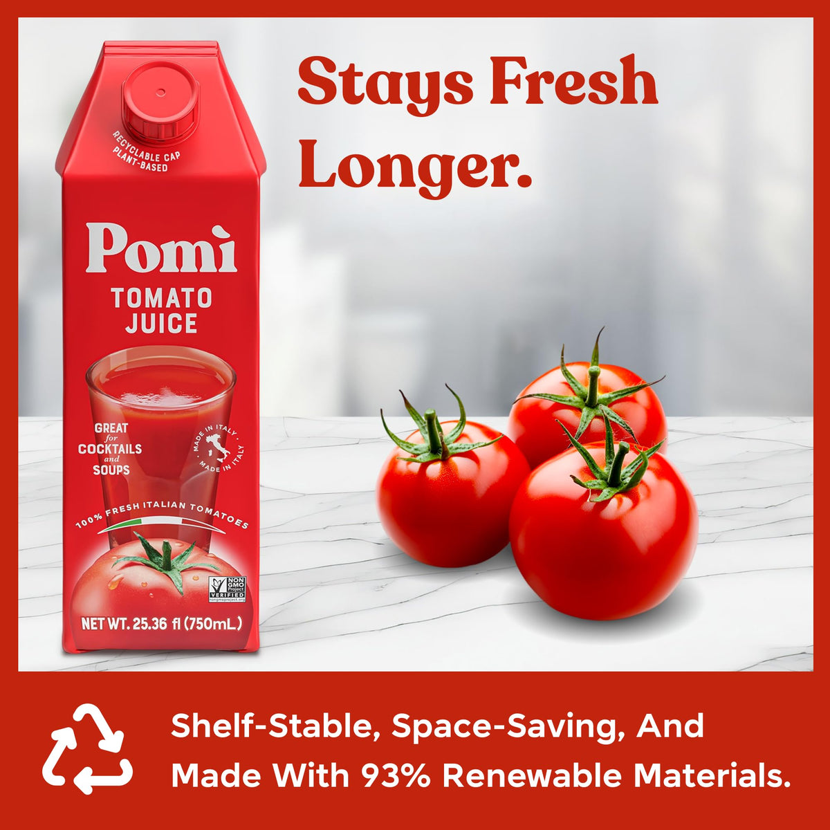 Pomì Tomato Juice shows vibrant color from pure Italian tomatoes