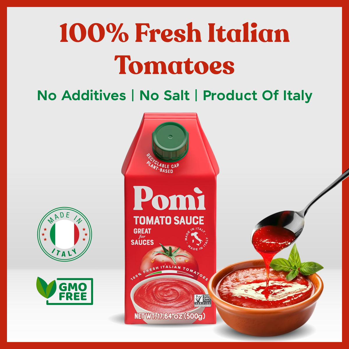 Pomì packaging closeup with BPA-free carton highlights freshness