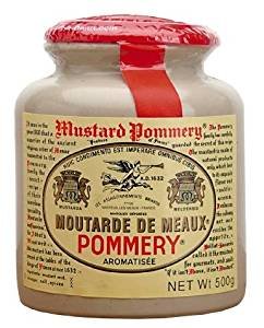 Pommery Meaux Mustard in a pottery crock, ideal for charcuterie boards and sauces.