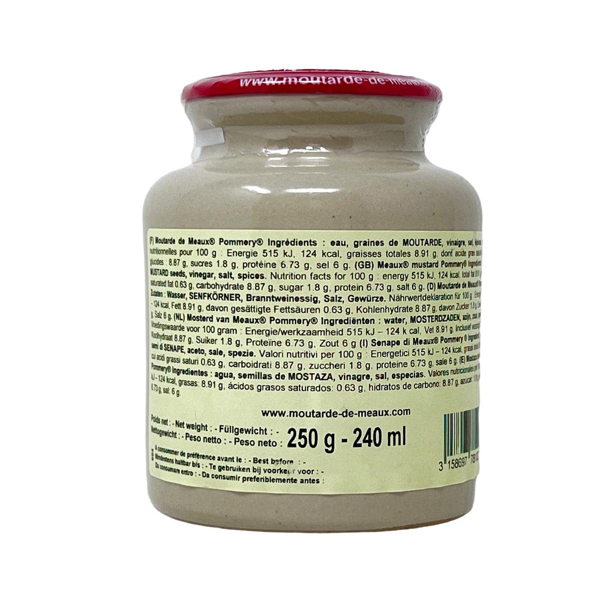 Pommery Meaux mustard stone jar close-up pour scene hints versatile use in vinaigrettes and roasts.