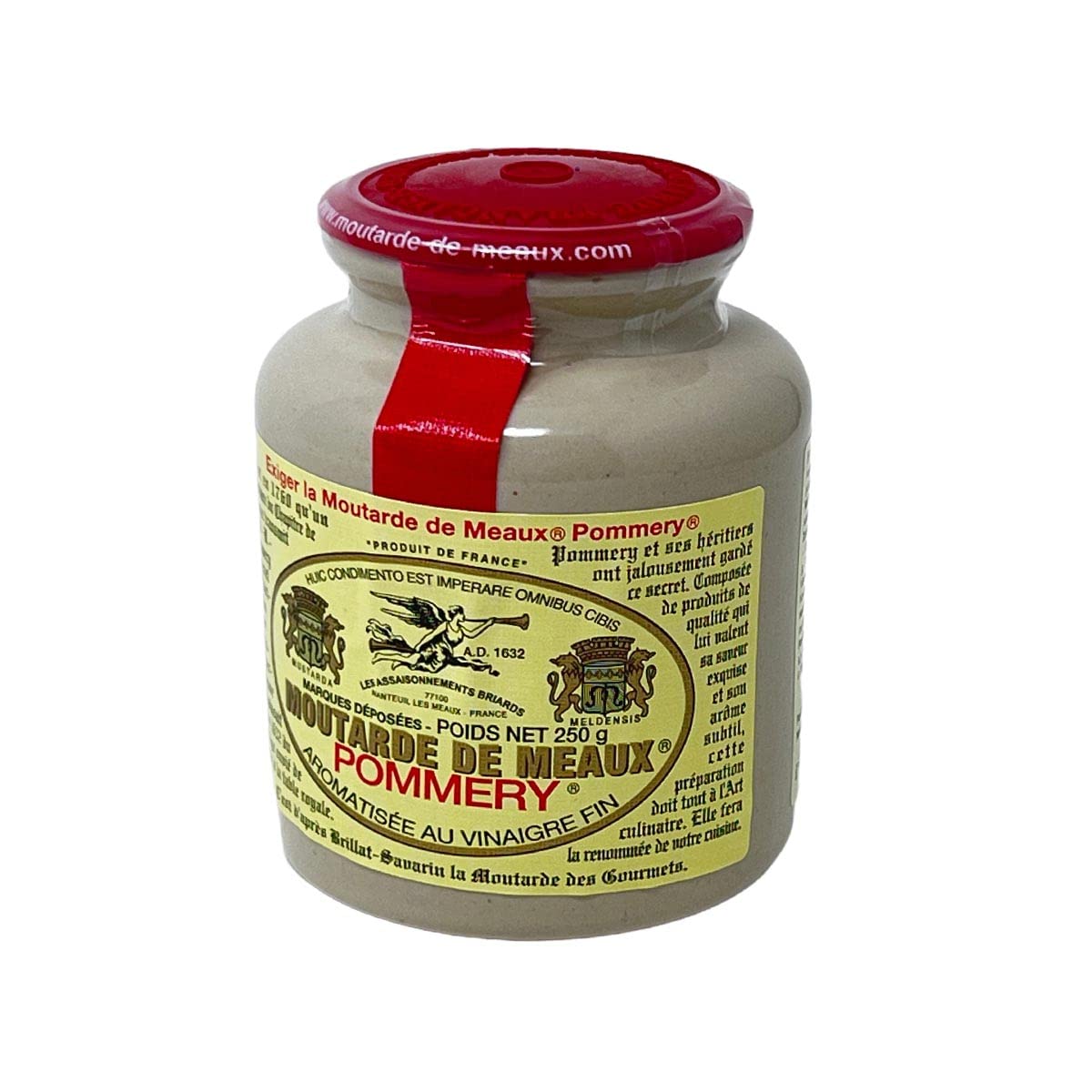 Pommery Meaux mustard stone jar on table showcases elegant presentation for entertaining.