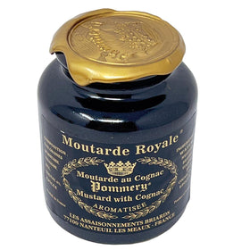 Pommery Moutarde Royale au Cognac jar front showing premium texture for gourmet meals.
